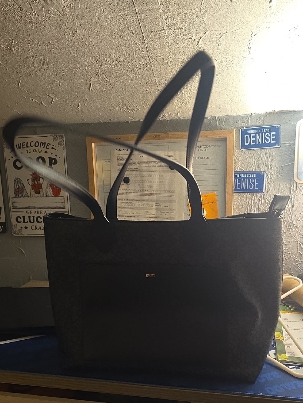 DKNY Black Logo-Pattern Tote with Front Pocket